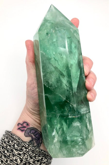 LARGE Caribbean Green Fluorite Crystal Tower with Rainbows